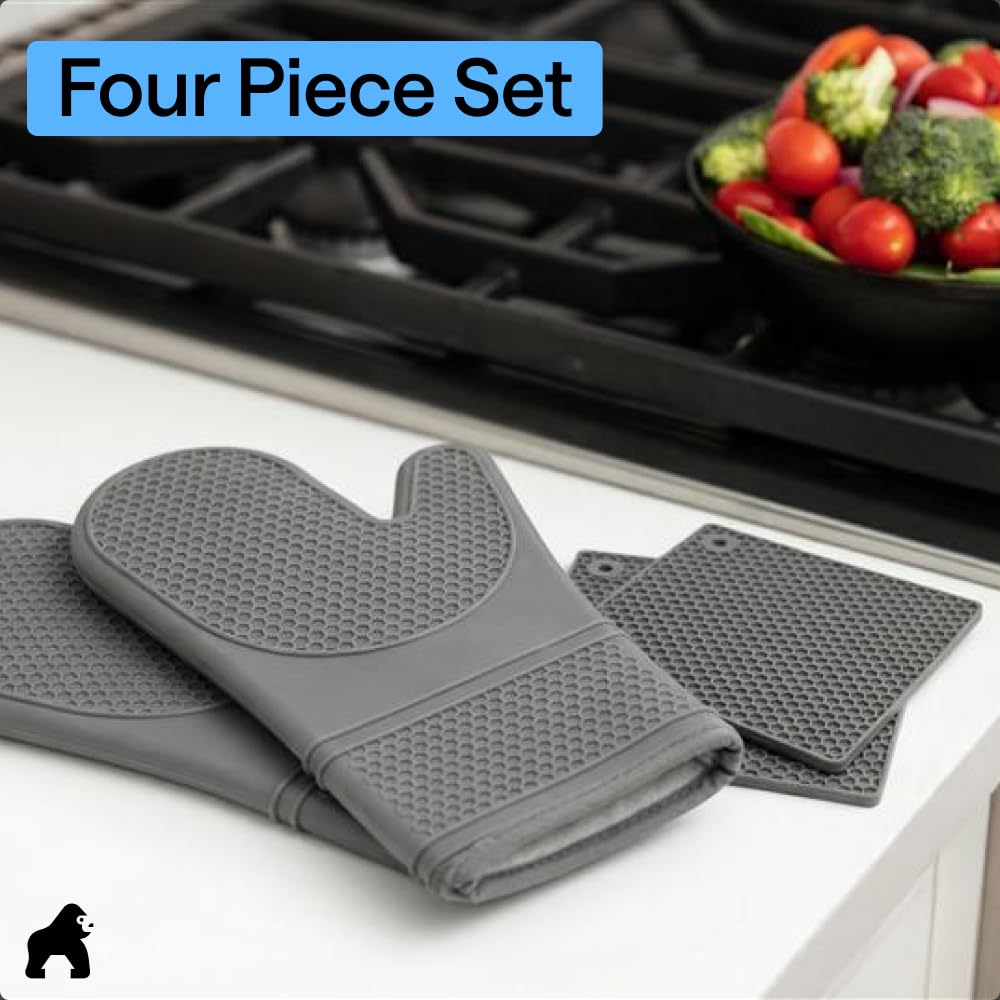 GORILLA GRIP BPA-Free Soft Silicone Oven Mitts, Heat Resistant and Waterproof Cooking Safety Gloves, Thick Cotton Lining, Flexible Gripping, Kitchen Potholders Set, for Grilling, BBQ, 12.5x8.3, Black