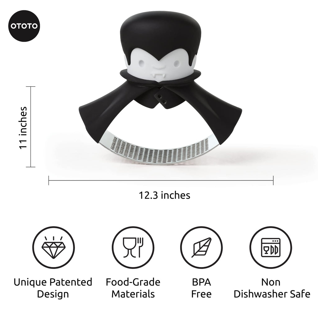 OTOTO Gracula Garlic Crusher, Garlic Mincer, Also for Ginger, Nuts, Chili, Herbs - Twist Top Mincer & Easy Squeeze Manual Press Peeler, Goth Gifts