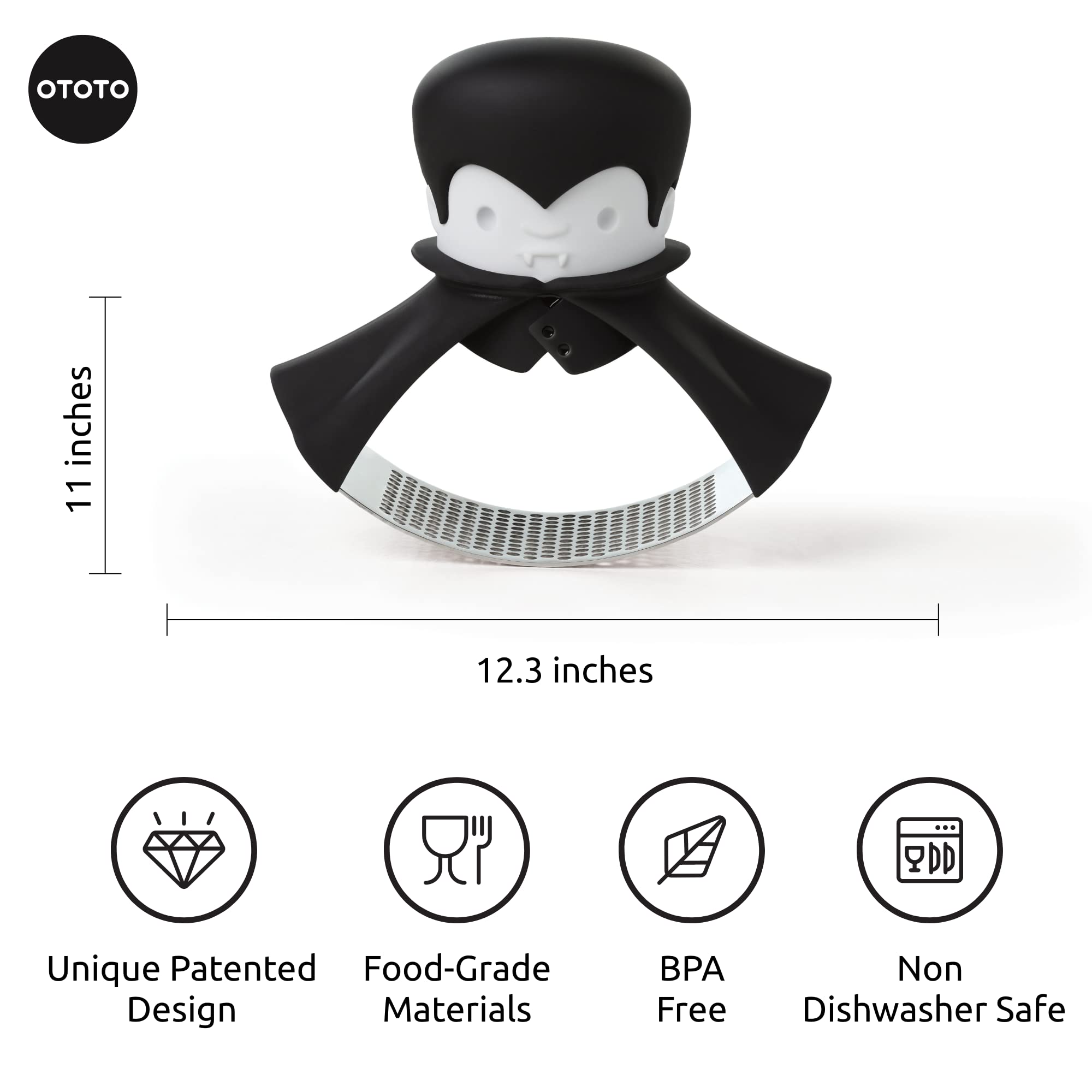 OTOTO Gracula Garlic Crusher, Garlic Mincer, Also for Ginger, Nuts, Chili, Herbs - Twist Top Mincer & Easy Squeeze Manual Press Peeler, Goth Gifts