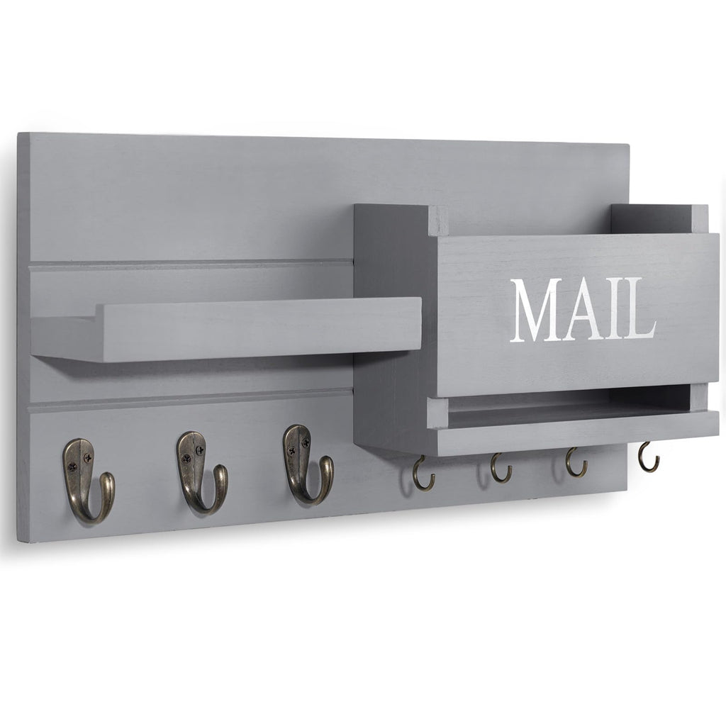 Mail Organizer for Wall Mount – Key Holder with Shelf Includes Letter Holder and Hooks for Hallway Farmhouse Decor – Rustic Wood with Flush Mounting Hardware (16.5” x 9.1” x 3.4”) (White)