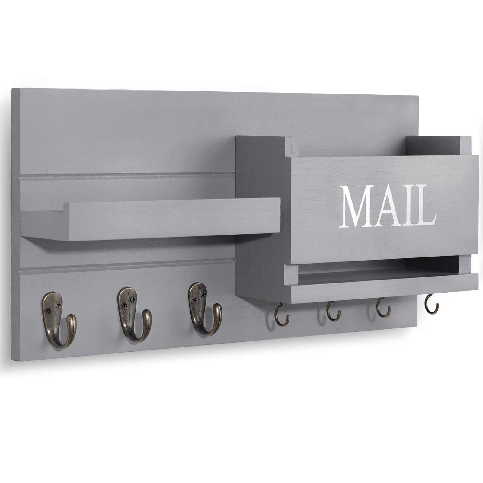 Mail Organizer for Wall Mount – Key Holder with Shelf Includes Letter Holder and Hooks for Hallway Farmhouse Decor – Rustic Wood with Flush Mounting Hardware (16.5” x 9.1” x 3.4”) (White)