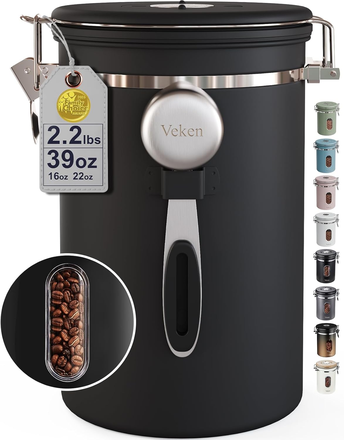 Veken Coffee Canister with Window,Airtight Stainless Steel Kitchen Food Storage Container, Date Tracker & Scoop for Grounds Coffee, Beans, Tea,Flour,Cereal,Sugar,22OZ,Copper