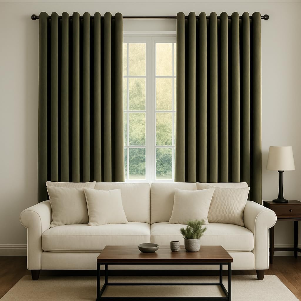 Topfinel Olive Green Velvet Blackout Curtains 84 Inches Long,Soundproof Room Darkening Dark Green Thermal Insulated Boho Elegant Moody Grommet Curtains for Living Room Bedroom 2 Panels