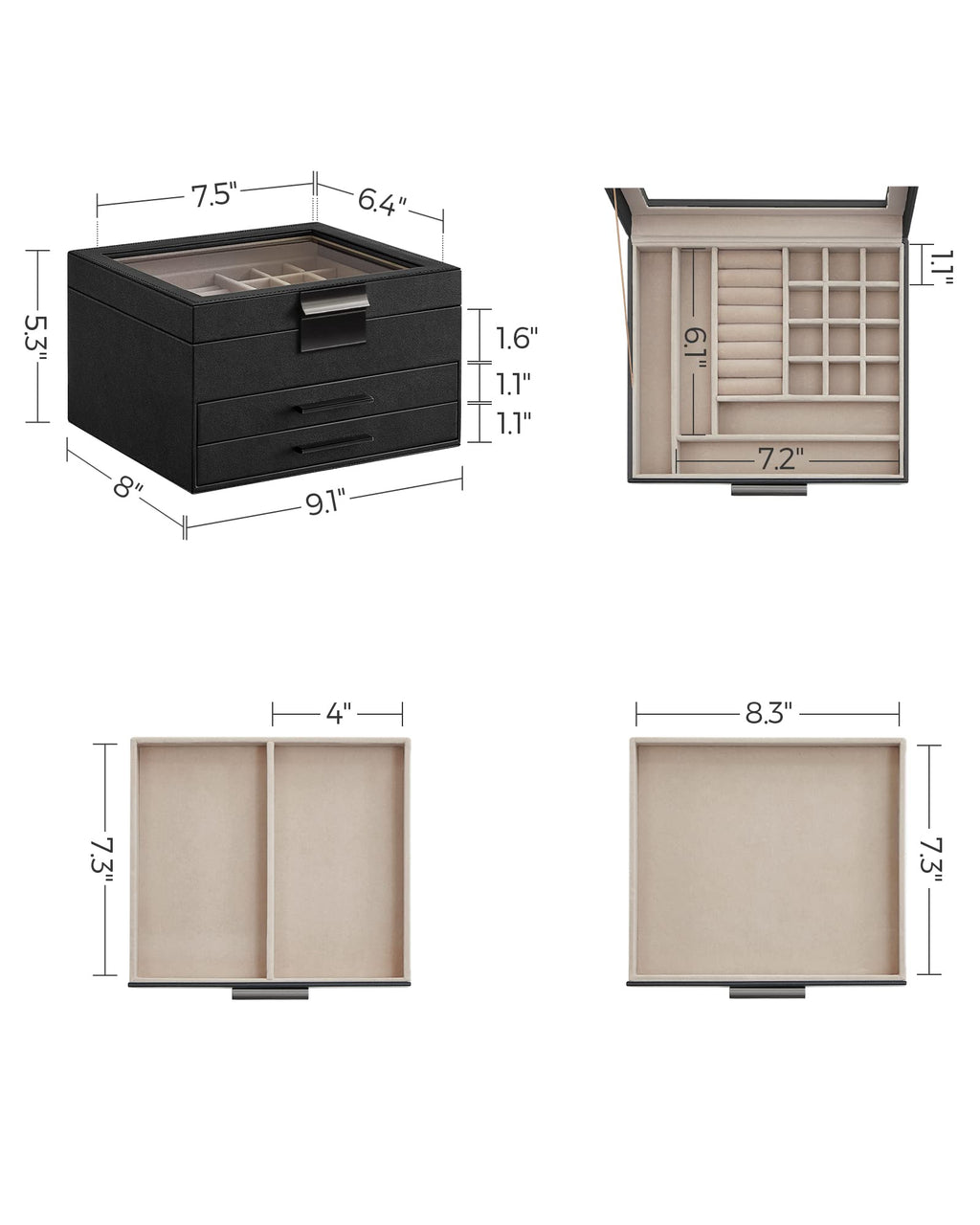 SONGMICS GISELLA Collection - Jewelry Box Organizer, 3-Layer Jewelry Storage with 2 Drawers, Shiny Metal Hardware, Glass Lid, Modern, 8 x 9.1 x 5.3 Inches, Cloud White and Gold Color UJBC239WT