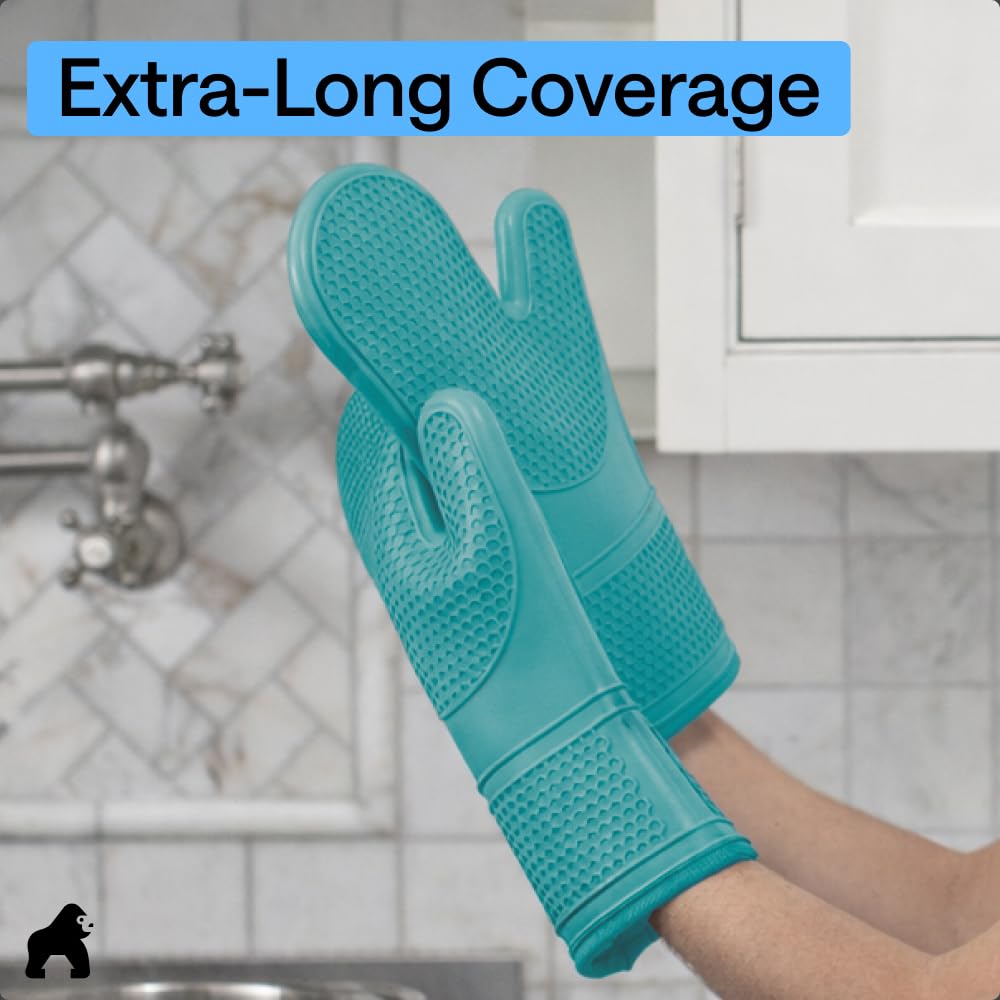 GORILLA GRIP BPA-Free Soft Silicone Oven Mitts, Heat Resistant and Waterproof Cooking Safety Gloves, Thick Cotton Lining, Flexible Gripping, Kitchen Potholders Set, for Grilling, BBQ, 12.5x8.3, Black