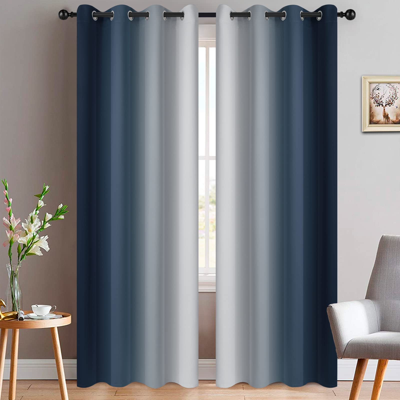 Yakamok Blue and Greyish White Ombre Curtains, Room Darkening Gradient Color Curtains for Bedroom, Light Blocking Thermal Insulated Window Drapes for Living Room(2 Panels, 52x84 Inch)