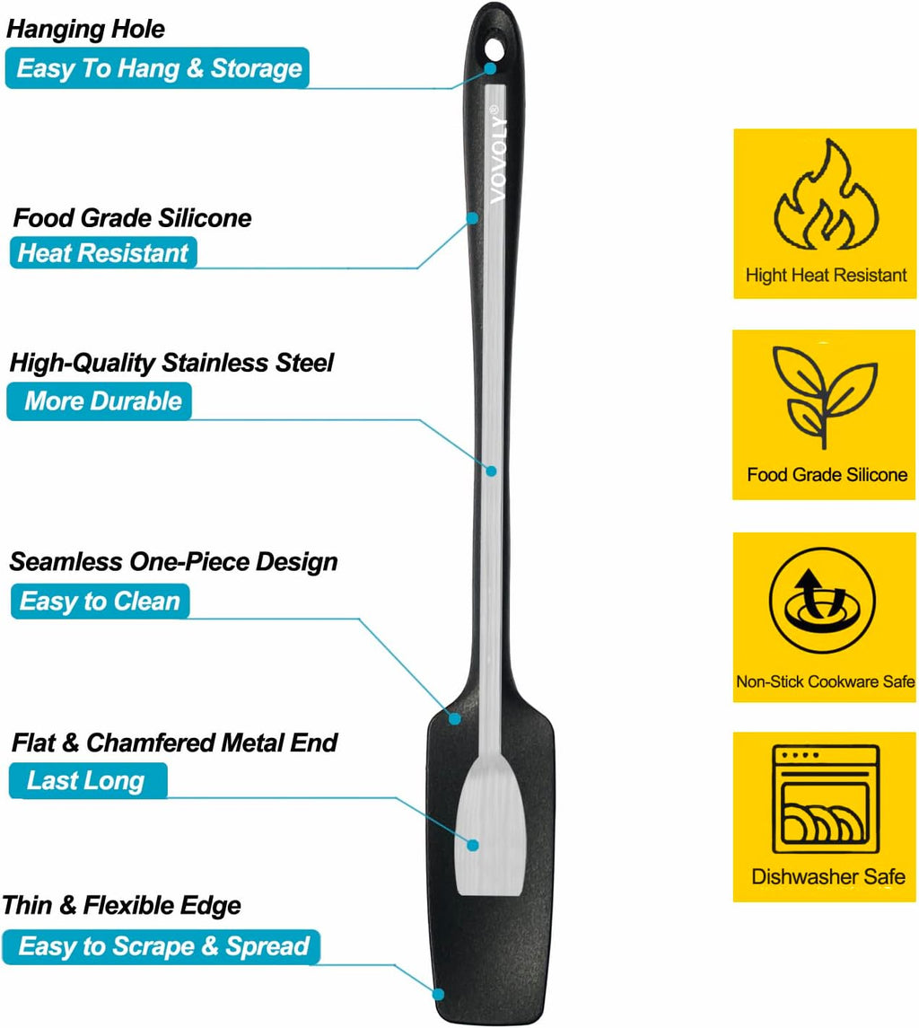 Vovoly Silicone Jar Spatula, Small Head with Long Handle, Rubber Spatulas Scraper for Jar, Blender, Bottle, etc. High Heat Resistant for Nonstick Cookware, Seamless, BPA Free, 11.2 Inch, Black.