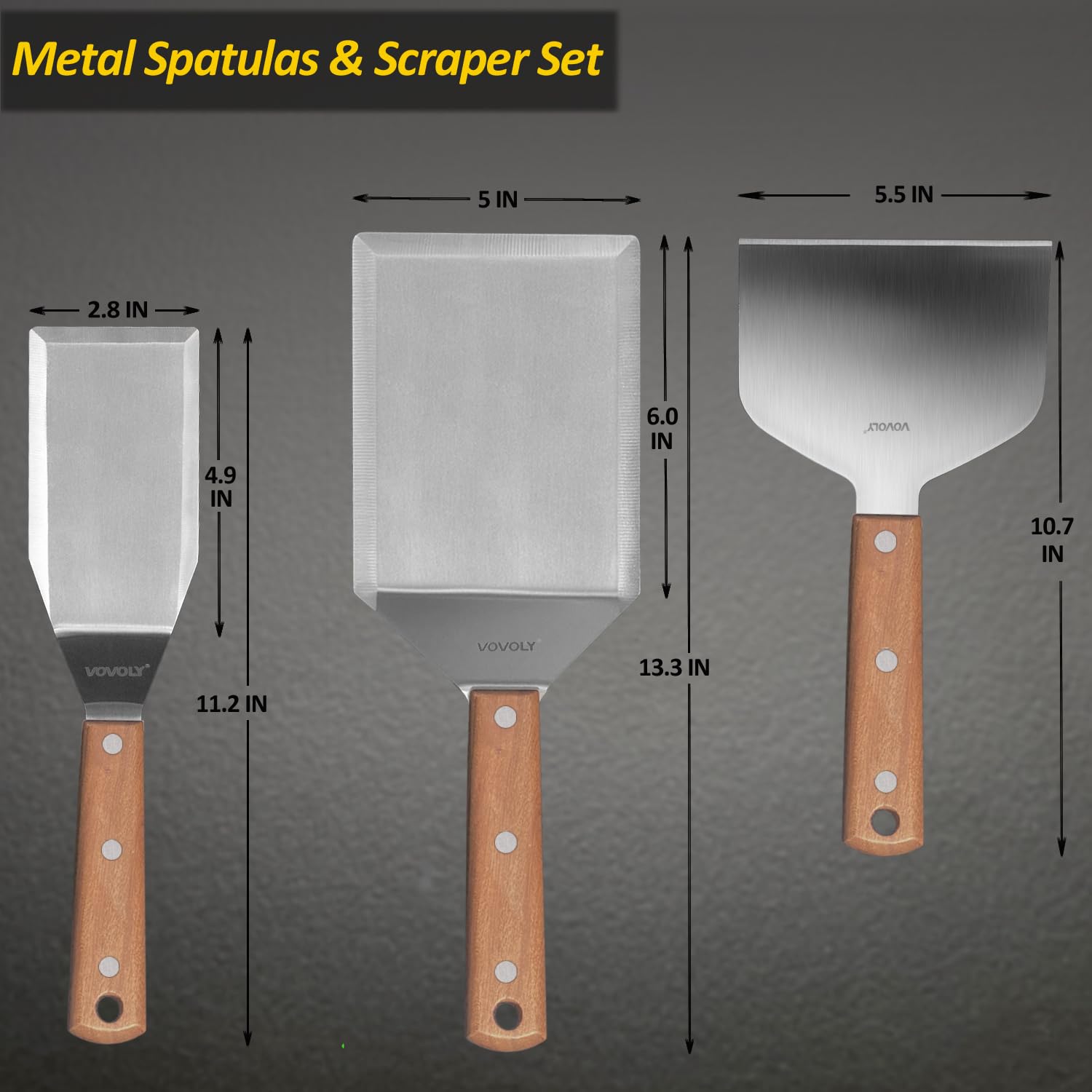 Stainless Steel Spatula Set, Grill Spatula Set with Full Tang Handle & Beveled Edges, Long Wide Spatula for Cast Iron Griddle BBQ Flat Top Grill, Pancake Turner, Smash Burgers Metal Flipper