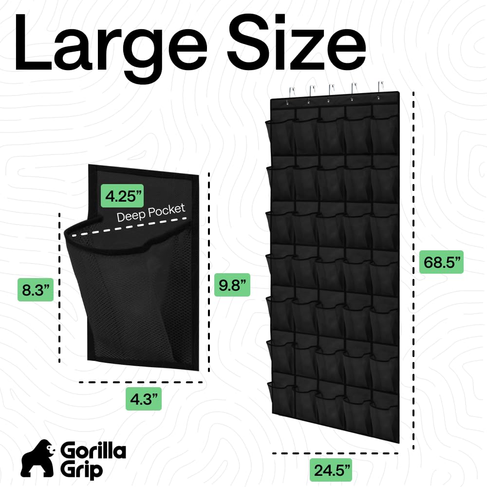 GORILLA GRIP Over the Door Shoe Organizer, 24 Large Breathable Mesh Pockets, Space Saving Hanging Storage Holder, Closet Rack Hanger Holds Up to 40 lbs, Hangs on Closets for Shoes, Accessories, Black