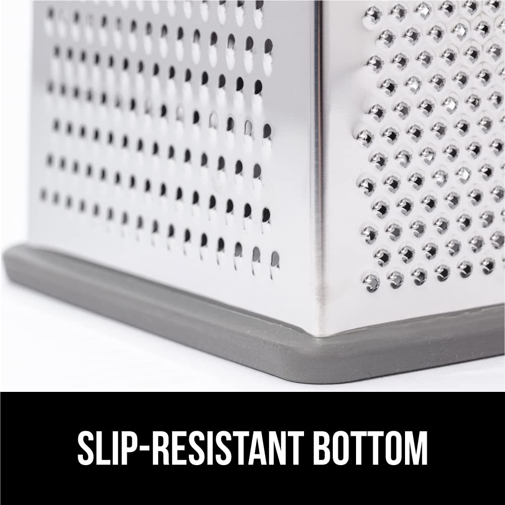 GORILLA GRIP 4-Sided Stainless Steel Cheese Grater With Container, 100% BPA-Free Box Grater, Slip Resistant Base and Handle, Grate Parmesan, Hard Cheeses, Shred Vegetables, Dishwasher Safe, Black