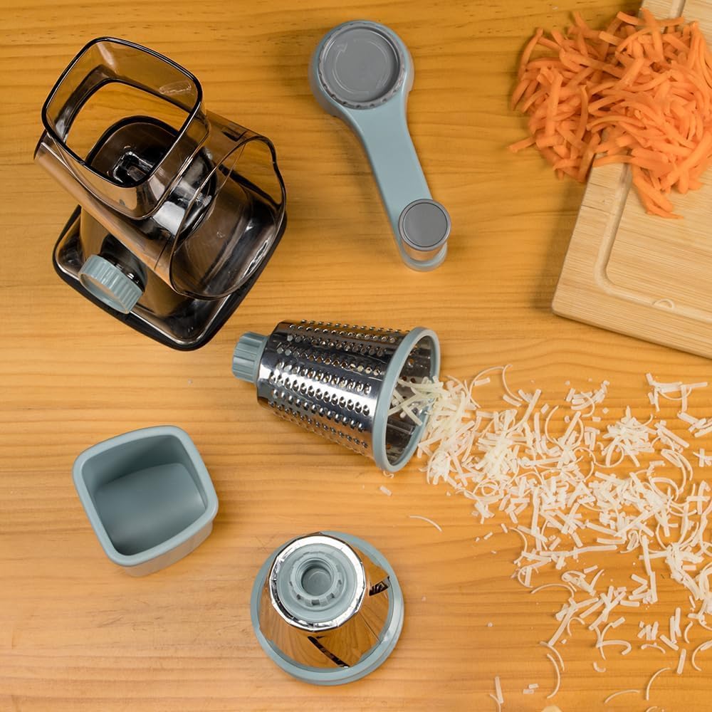 KEOUKE Rotary Cheese Grater Hand Crank Transparent - Shredder Slicer Grinder 3 Stainless Steel Blades, Stable Suction, Labor-Saving Handle, Safe Kitchen Tool for Cheese, Vegetable, Nuts, Chocolate