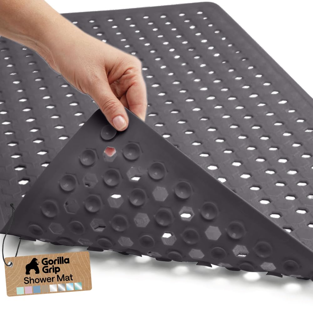 GORILLA GRIP Patented Bath Tub Shower Mat, Machine Washable Bathtub Floor Liner Mats, Suction Cups and Drain Holes to Keep Tubs Clean, Soft on Feet, Bathroom Essentials, 35x16 Inch, Clear
