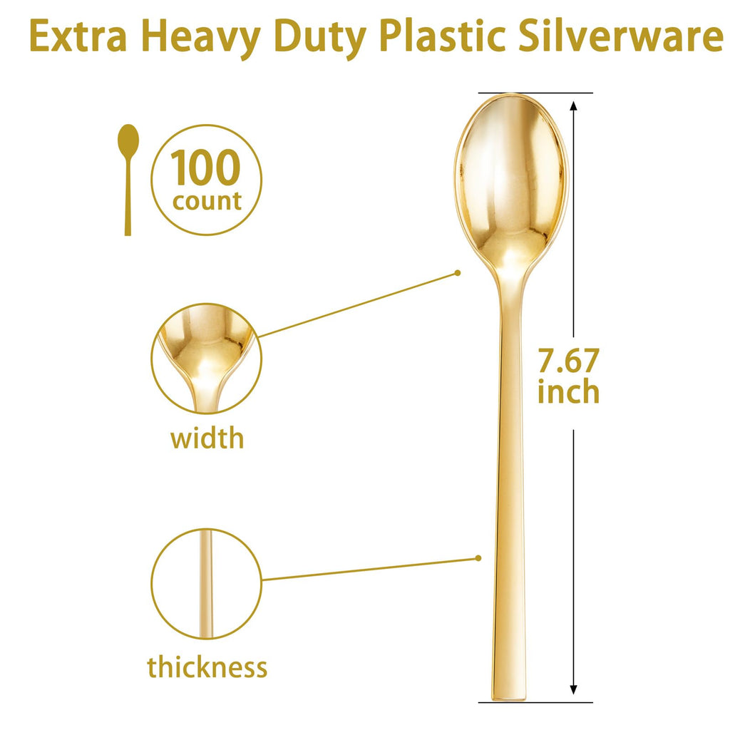 DaYammi 100Pcs Gold Plastic Spoons, Disposable Silverware, plastic Cutlery Heavy Duty Disposable Flatware Dinnerware Perfect for Dinner Parties, Gold disposable Spoons for Party Wedding Dinner
