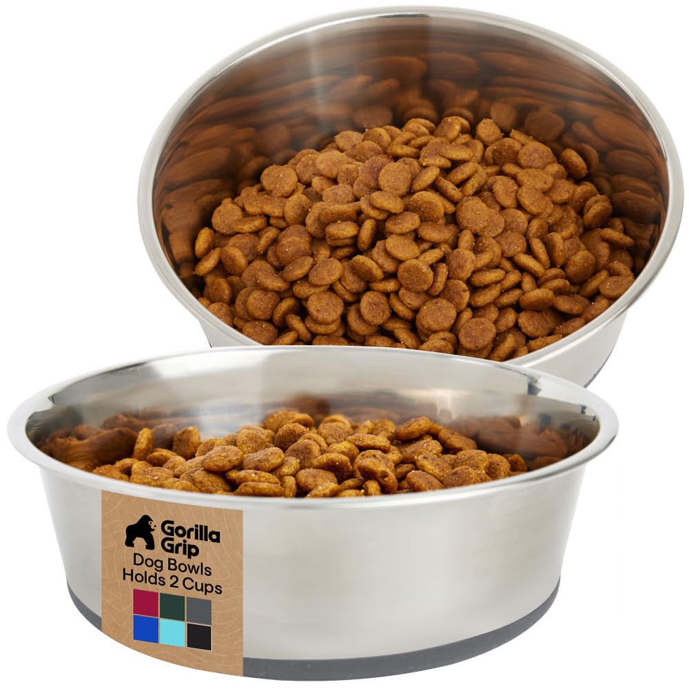 GORILLA GRIP Dog Bowls, Heavy Duty 304 Stainless Steel, Holds 2 Cups Each (16 fl oz) Food and Water Bowl for Feeding Dogs and Cats, Dishwasher Safe, Rust Resistant, BPA Free Rubber Base Set of 2 Black