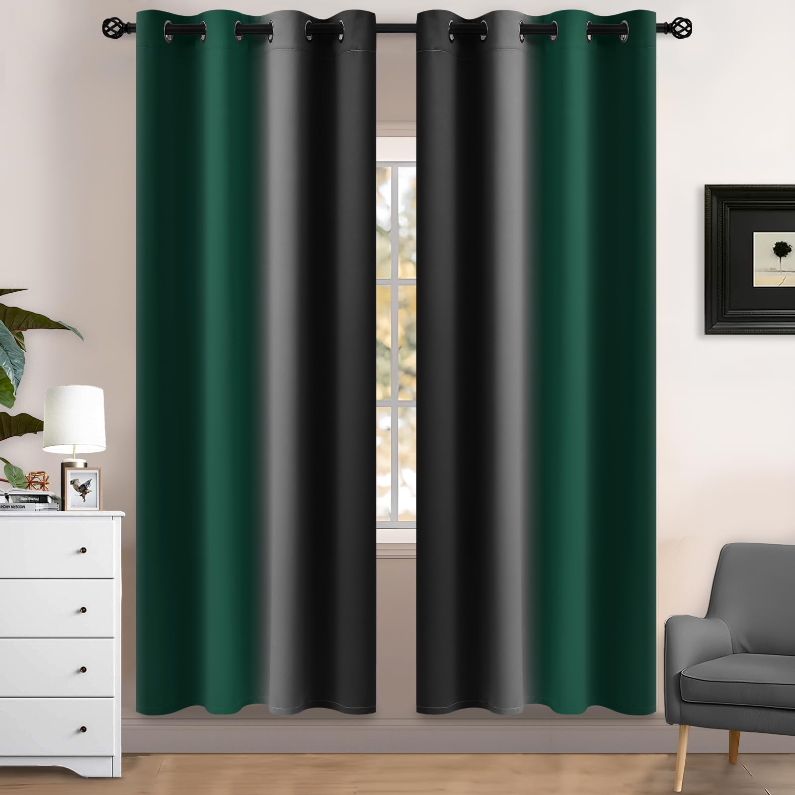 Yakamok Blue and Greyish White Ombre Curtains, Room Darkening Gradient Color Curtains for Bedroom, Light Blocking Thermal Insulated Window Drapes for Living Room(2 Panels, 52x84 Inch)