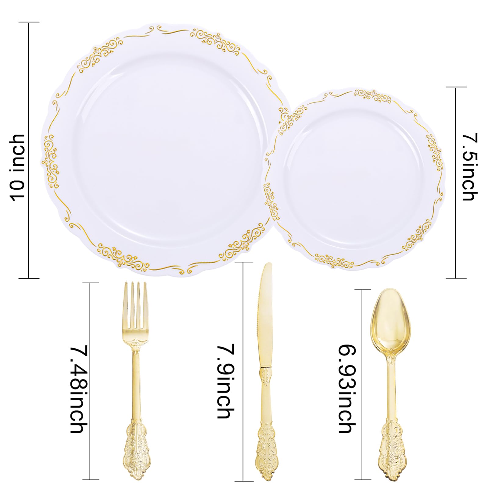 DaYammi 150Pcs Ivory Plastic Plates with Gold Rim,Disposable Plastic Plates Include 30 Dinner Plate,30 Salad Plate,30 Forks,30 Spoons,30 Knives,Ivory and Gold Plates for Party,Wedding,Mother's Day
