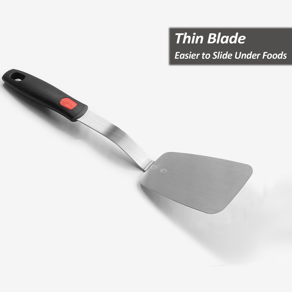 Stainless Steel Flexible Spatula Turner, Thin Slotted Metal Spatula for Cast Iron Skillet, Thin Blade and Heat Resistant Silicone Handle, Great for Egg, Cookie, Meat, Crep, Large