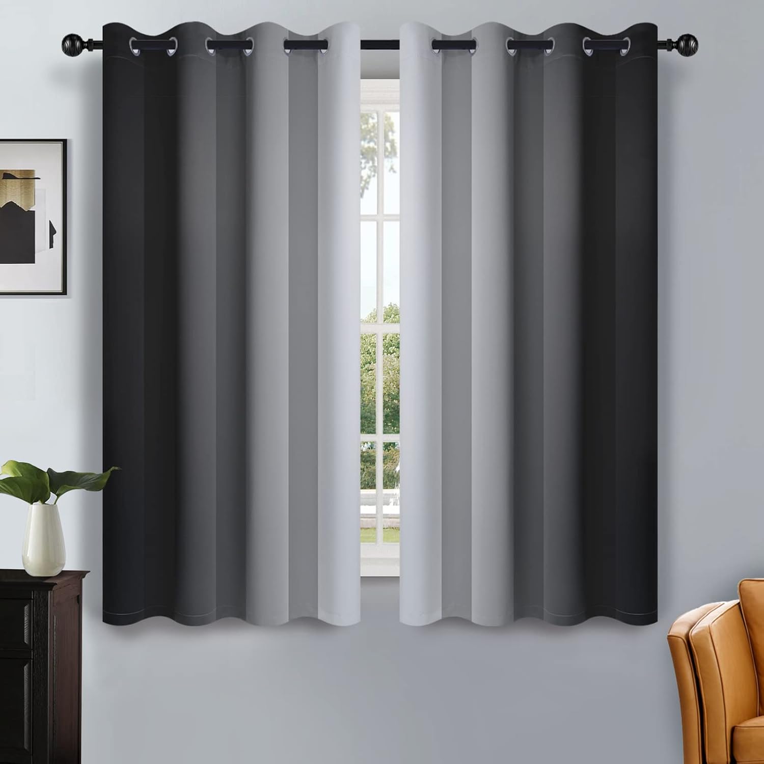 SimpleHome Ombre Room Darkening Curtains for Bedroom, Gradient Black to Grey White Light Blocking Thermal Insulated Grommet Window Curtain/Drapes for Living Room,2 Panels, 52x84 inches Length