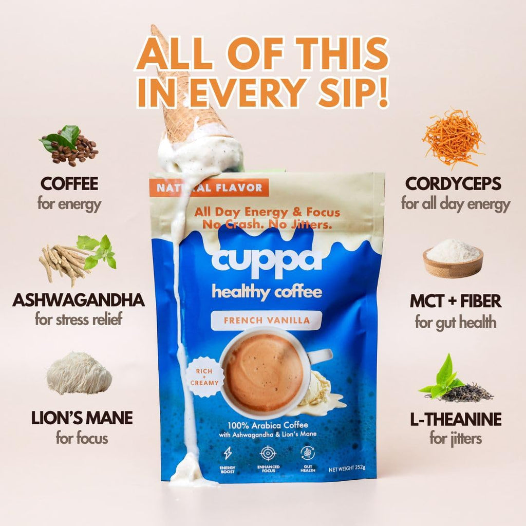 Cuppa Medium Roast Mushroom Coffee with Adaptogens & Superfoods - Lion’s Mane, Ashwagandha & Cordyceps. Adaptogens + MCT to support natural energy, mental focus & gut health (30 Servings)