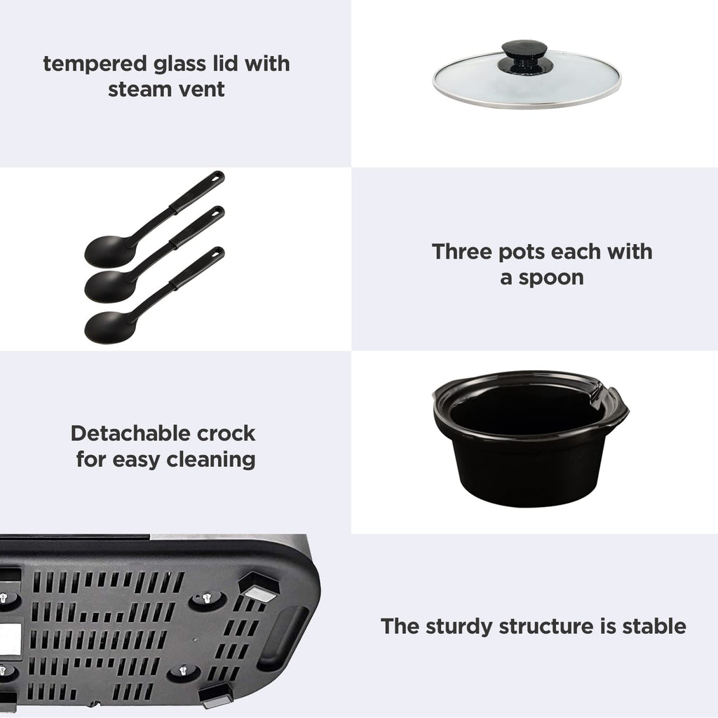 SUNVIVI Triple Slow Cooker, Buffet Food Warmer with 3 x 1.5 QT Removable Ceramic Pots, Buffet Servers and Warmers with Glass Lids and 3 Spoons, Stainless Steel, Blue