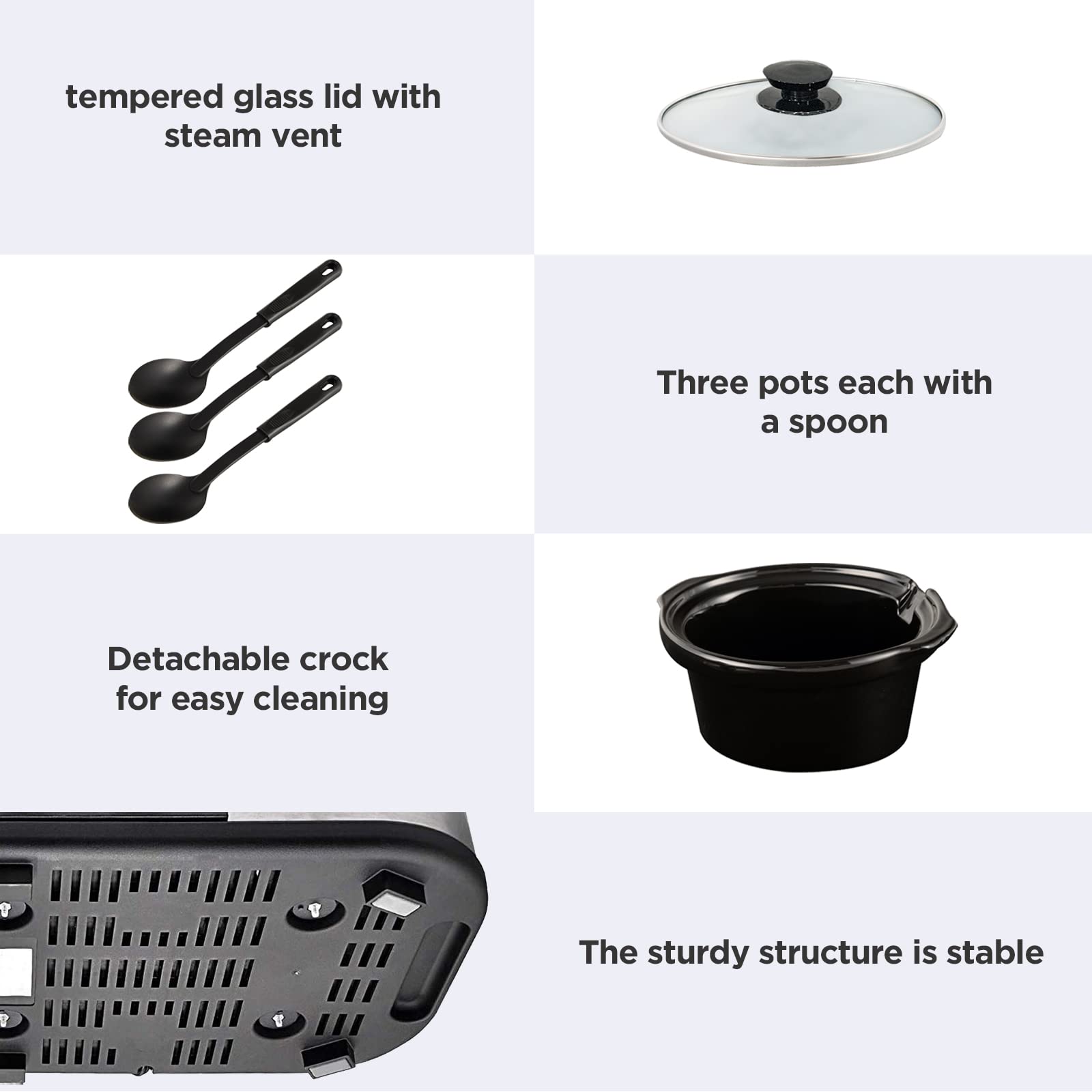 SUNVIVI Triple Slow Cooker, Buffet Food Warmer with 3 x 1.5 QT Removable Ceramic Pots, Buffet Servers and Warmers with Glass Lids and 3 Spoons, Stainless Steel, Blue