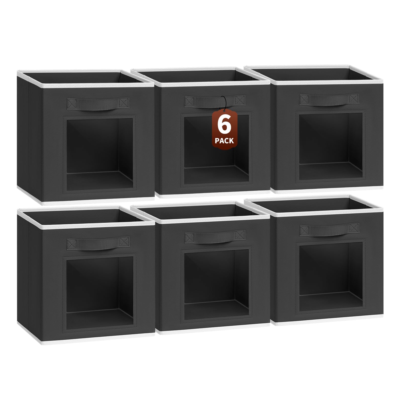 Homsorout Storage Cube 11 Inch - Cube Storage Bins with Window, Closet Storage Baskets with Handle, Fabric Bins for Closet, Shelves, Toys, Clothes, Set of 6, Grey