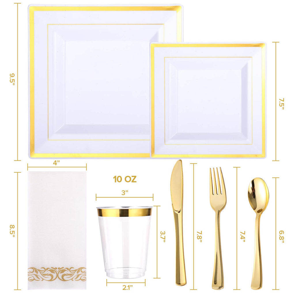 FOCUSLINE 350 Ct Disposable Dinnerware Set for 50 Guests -Heavy Duty Plastic Plates with Gold Rim, Includes 50 Dinner & Salad Plates, Cups, Napkins, Cutlery Set