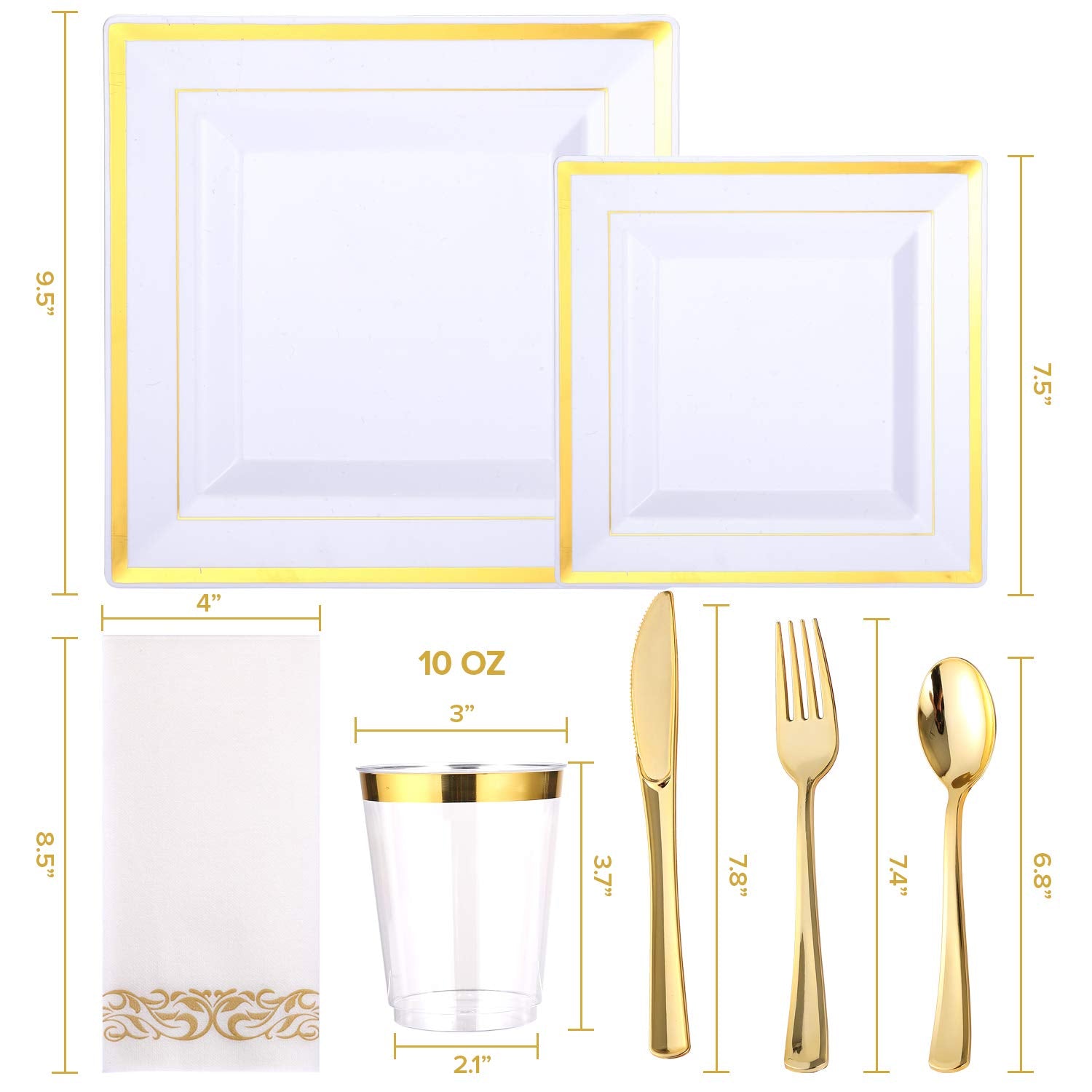 FOCUSLINE 350 Ct Disposable Dinnerware Set for 50 Guests -Heavy Duty Plastic Plates with Gold Rim, Includes 50 Dinner & Salad Plates, Cups, Napkins, Cutlery Set