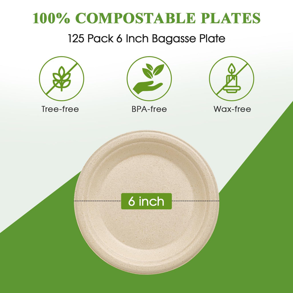 Vplus 150 Pack Paper Plates 9 inch 100% Compostable, Heavy-Duty Disposable Paper Plates Bagasse Natural Biodegradable Eco-Friendly Sugarcane