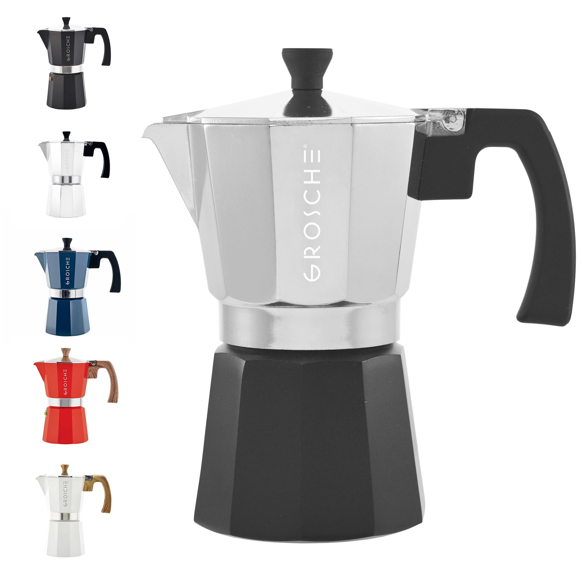 GROSCHE Milano Moka pot, Stovetop Espresso maker, Greca Coffee Maker, Stovetop coffee maker and espresso maker percolator (Grey, 6 cup)