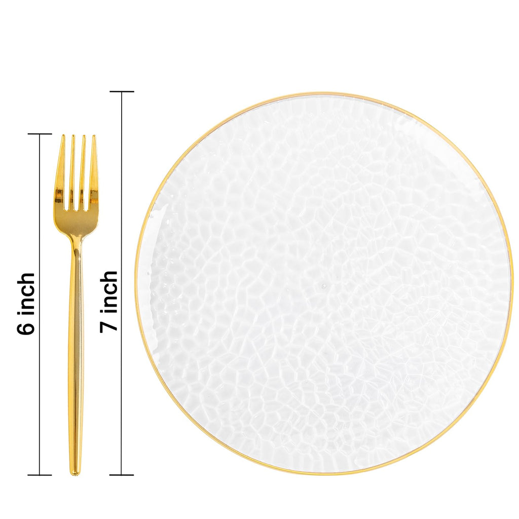 DaYammi 240Pcs Gold Plastic Plates Including 120Pcs Dessert Plates and 120Pcs Cake Forks,Hammered Party Plate,Clear Gold Appetizer plates Heavy duty Disposable Plastic Plate for Party Wedding Birthday