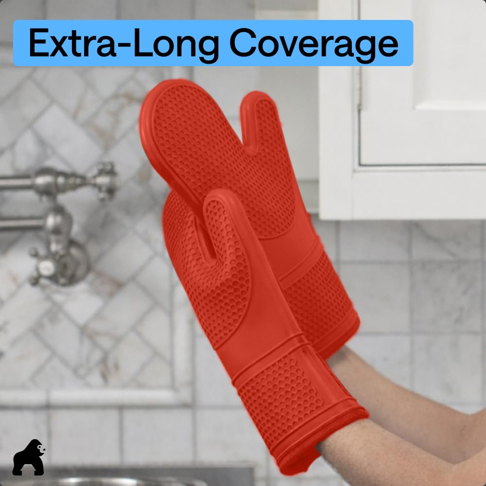 GORILLA GRIP BPA-Free Soft Silicone Oven Mitts, Heat Resistant and Waterproof Cooking Safety Gloves, Thick Cotton Lining, Flexible Gripping, Kitchen Potholders Set, for Grilling, BBQ, 12.5x8.3, Black