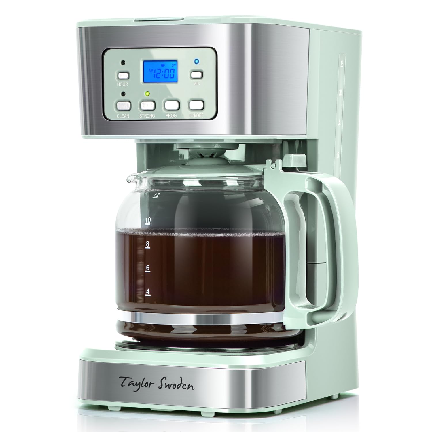 Taylor Swoden 12-Cup Programmable Coffee Maker, Regular & Strong Brew Drip Coffee Machine for Home and Office, Glass Carafe, Pause & Serve, Auto Shut Off, Black & Stainless Steel