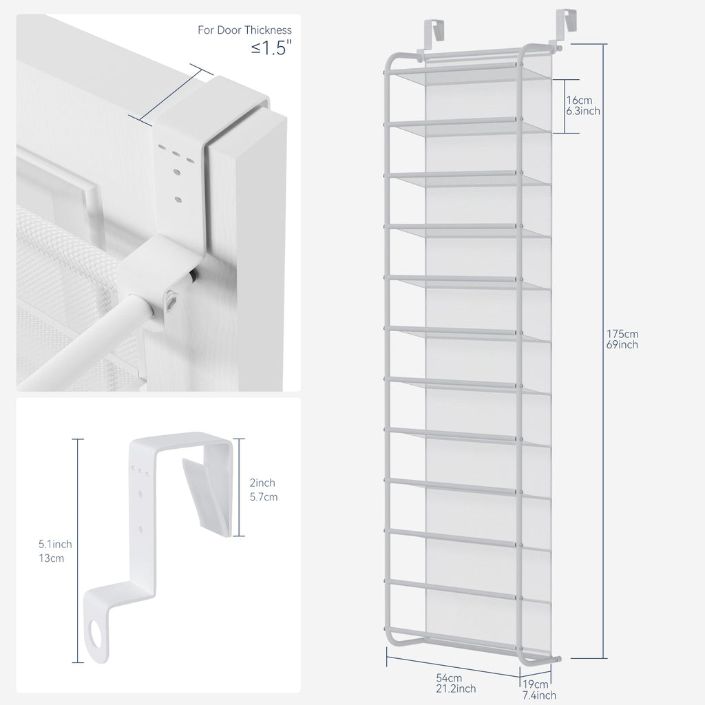 Whitmor 36 Pair Over the Door Shoe Organizer, 12 Tier Hanging Shoe Organizer, Heavy Duty Metal & Mesh Shoe Holder, Hanging Shoe Rack for Closet Organizer & Storage, 74"L x 21.7"W x 7.5"H, White