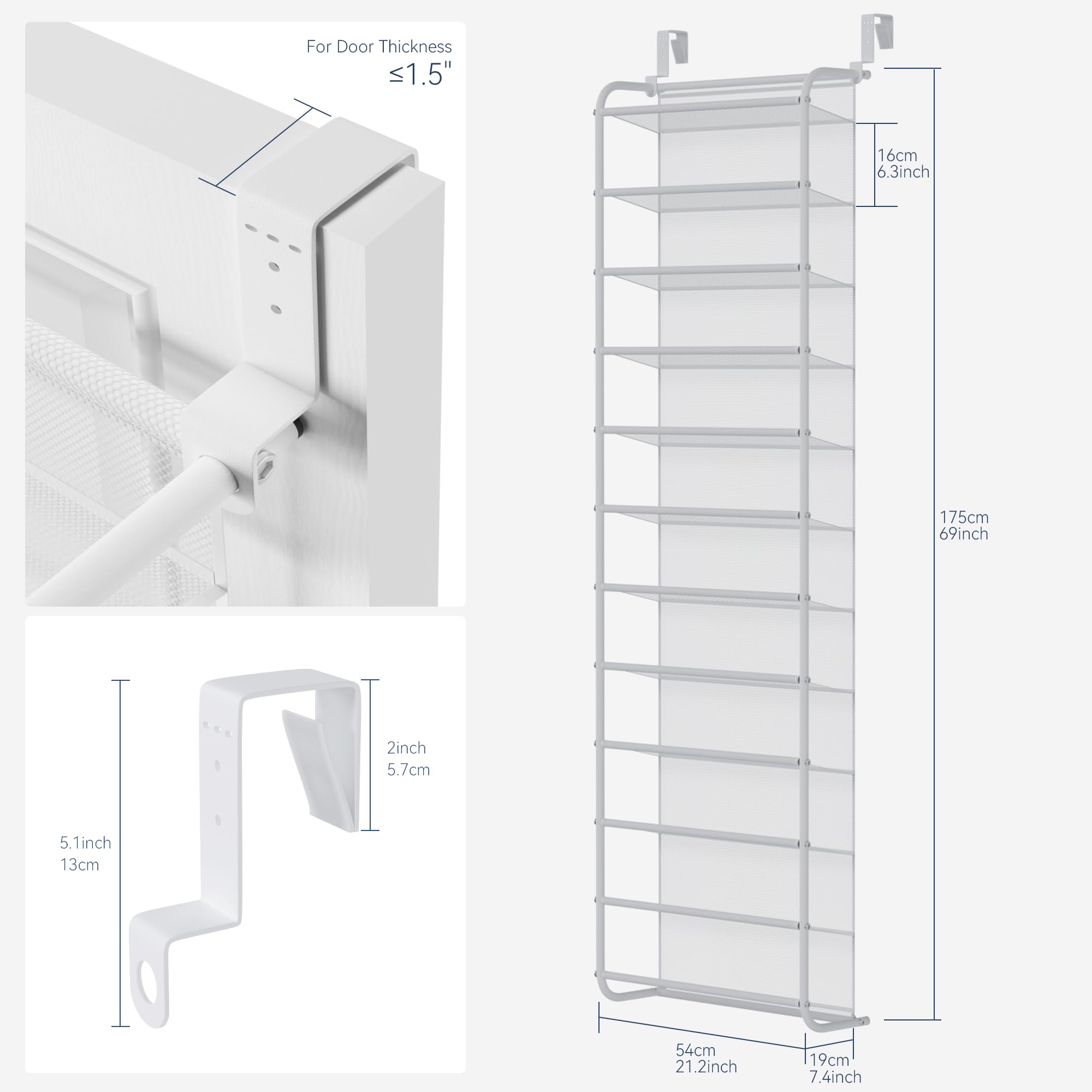 Whitmor 36 Pair Over the Door Shoe Organizer, 12 Tier Hanging Shoe Organizer, Heavy Duty Metal & Mesh Shoe Holder, Hanging Shoe Rack for Closet Organizer & Storage, 74"L x 21.7"W x 7.5"H, White