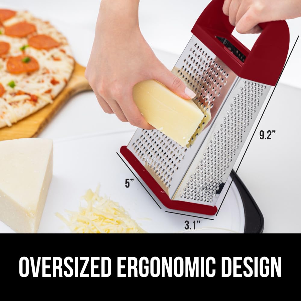 GORILLA GRIP 4-Sided Stainless Steel Cheese Grater With Container, 100% BPA-Free Box Grater, Slip Resistant Base and Handle, Grate Parmesan, Hard Cheeses, Shred Vegetables, Dishwasher Safe, Black