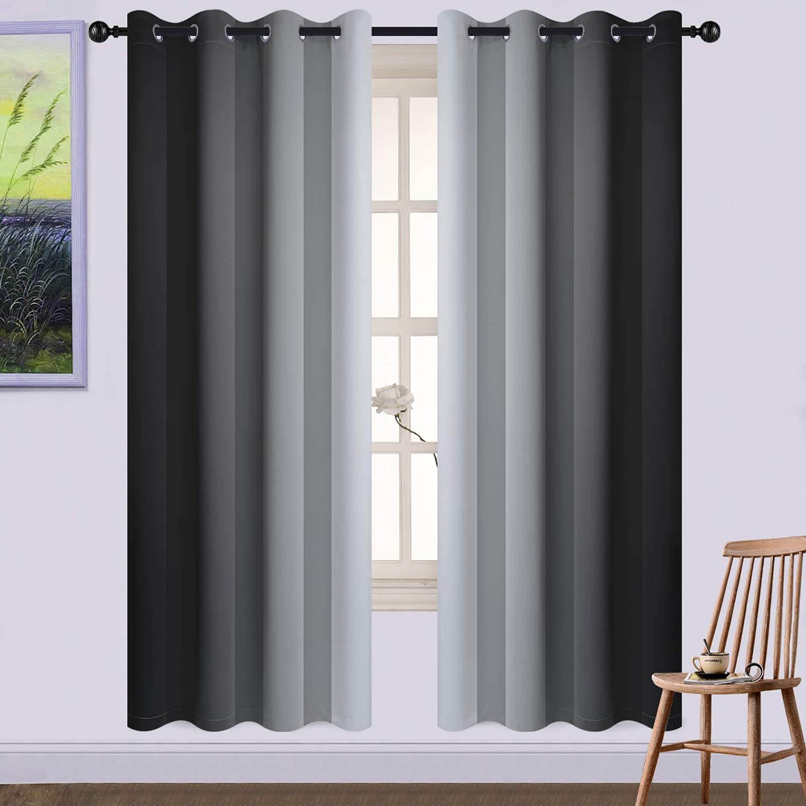 Yakamok Blue and Greyish White Ombre Curtains, Room Darkening Gradient Color Curtains for Bedroom, Light Blocking Thermal Insulated Window Drapes for Living Room(2 Panels, 52x84 Inch)
