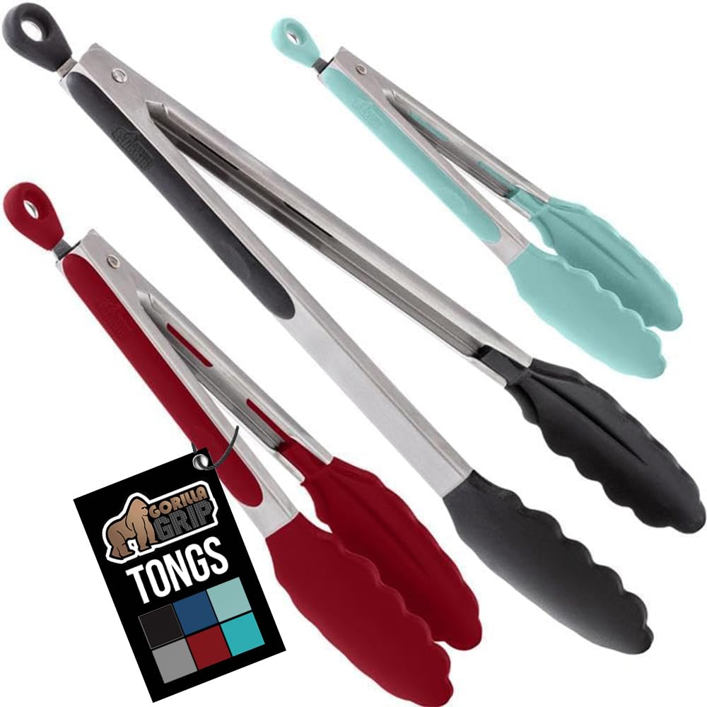 GORILLA GRIP Stainless Steel Heat Resistant Kitchen Tongs for Cooking, Set of 2 BBQ Tong, Non Scratch Silicone Tip for Pans, Strong Grip, Grab Food, Toss Salad, Air Fryer, Pull Lock, 7 + 9 Inch, Black