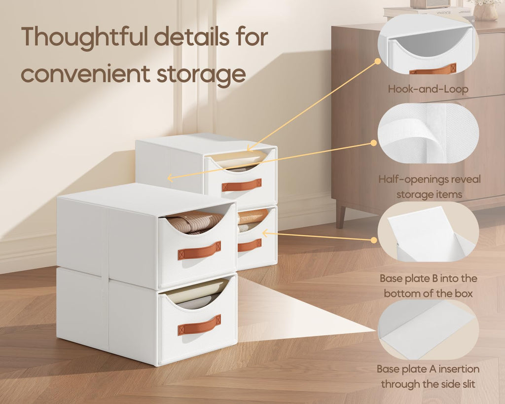 Homsorout Stackable Storage Drawers - Collapsible Storage Bins with Drawers, 4 Pack Closet Shelf Organizer Basket, Fabric Pull Out Organizer for Bedroom, Living Room, Dorm, Beige