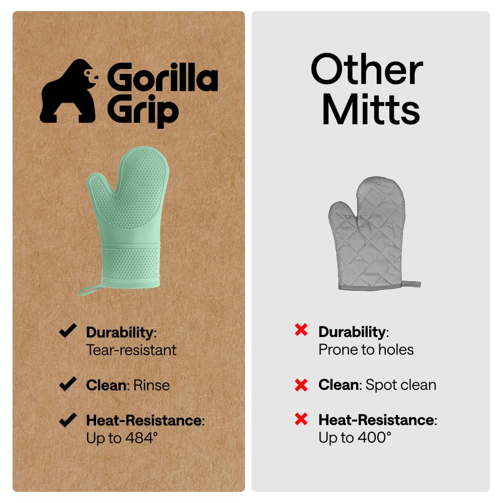 GORILLA GRIP BPA-Free Soft Silicone Oven Mitts, Heat Resistant and Waterproof Cooking Safety Gloves, Thick Cotton Lining, Flexible Gripping, Kitchen Potholders Set, for Grilling, BBQ, 12.5x8.3, Black
