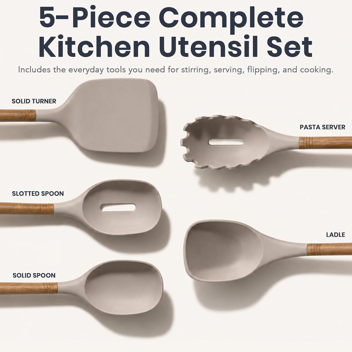 5-Piece Silicone Kitchen Utensil Set with Acacia Wood Handles, Brown