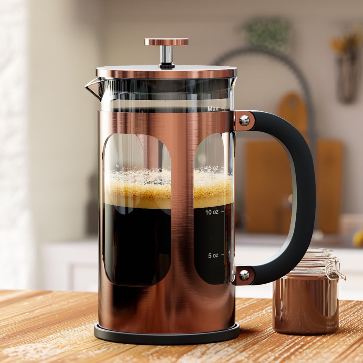Veken French Press Coffee Maker 21oz 0.6 L, Single Serve Small Pot, Heat Resistant Thickened Borosilicate Glass, Stainless Steel Brewer, Cold Brew Cafetera Teapot for Kitchen Travel Camping, Copper
