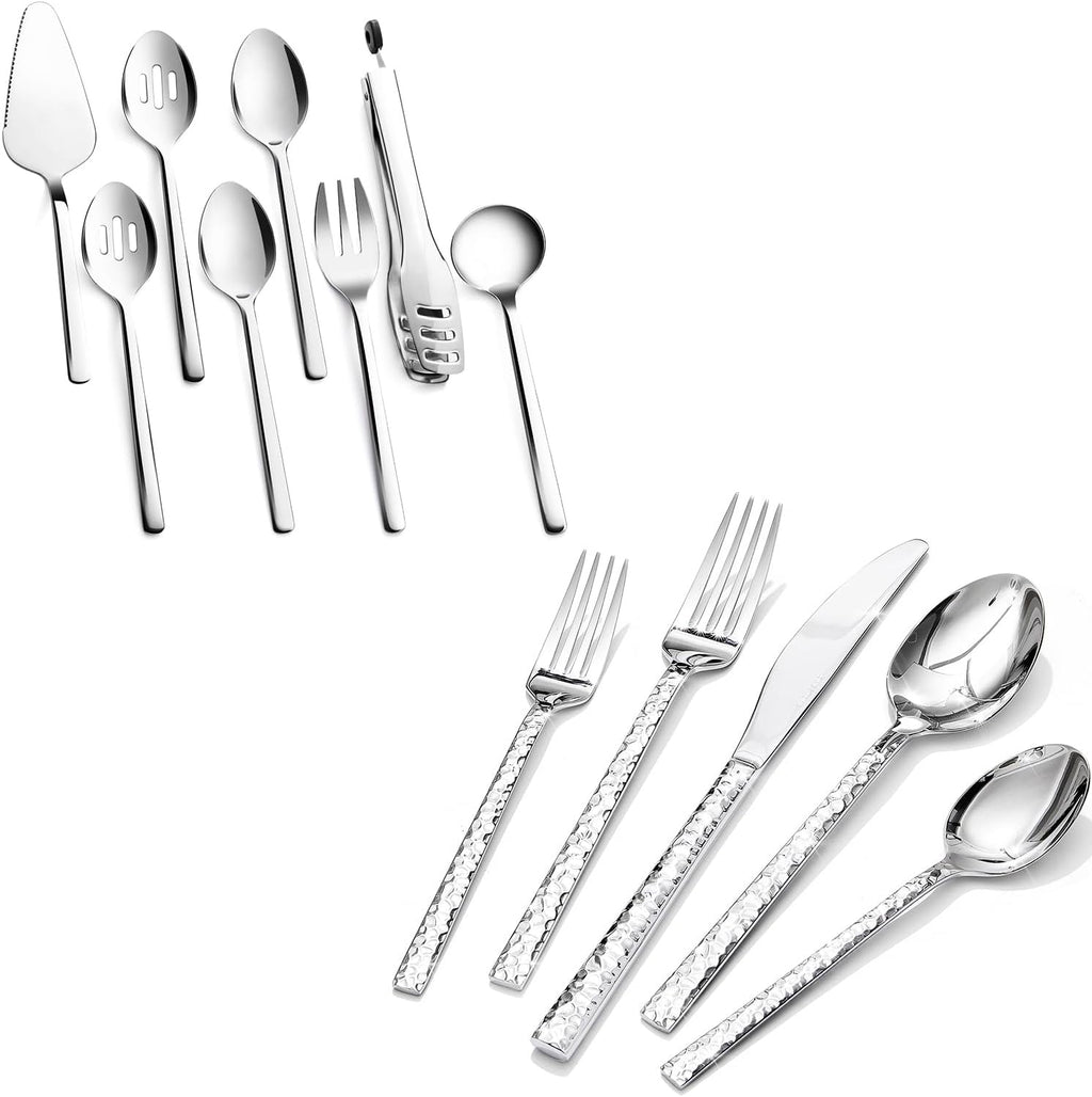 KINGSTONE 60 Piece Hammered Silverware Set and 8 Piece Serving Utensils Set
