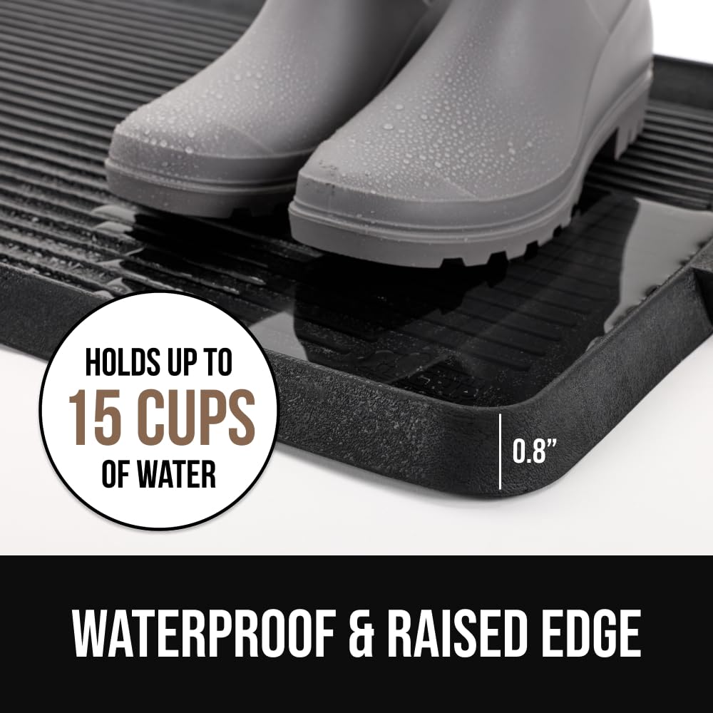 GORILLA GRIP Natural Rubber Indoor Outdoor Boot Tray for Shoes, 32x16, Waterproof Winter Mat with Raised Edges, Handles, Tear Resistant Heavy Duty Home Garage Floor Mats, Easy Clean Shoe Trays, Black