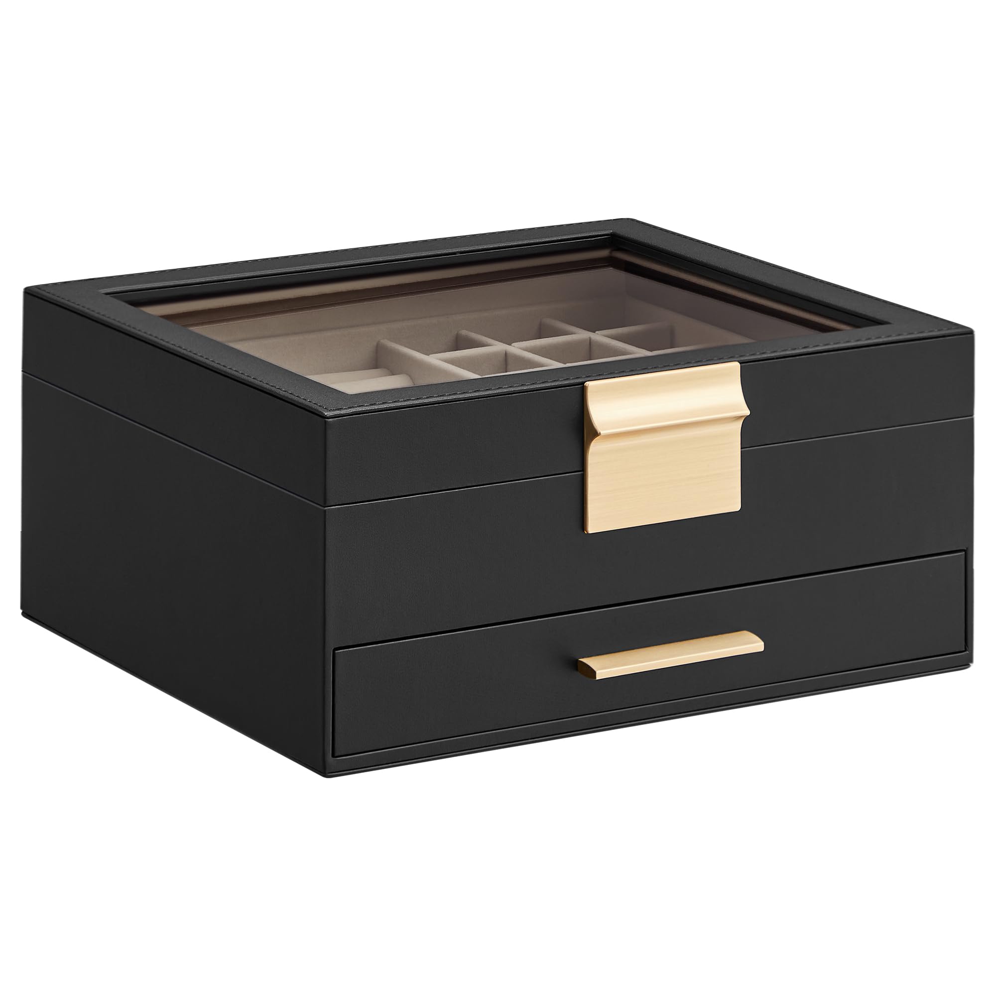SONGMICS GISELLA Collection - Jewelry Box Organizer, 3-Layer Jewelry Storage with 2 Drawers, Shiny Metal Hardware, Glass Lid, Modern, 8 x 9.1 x 5.3 Inches, Cloud White and Gold Color UJBC239WT