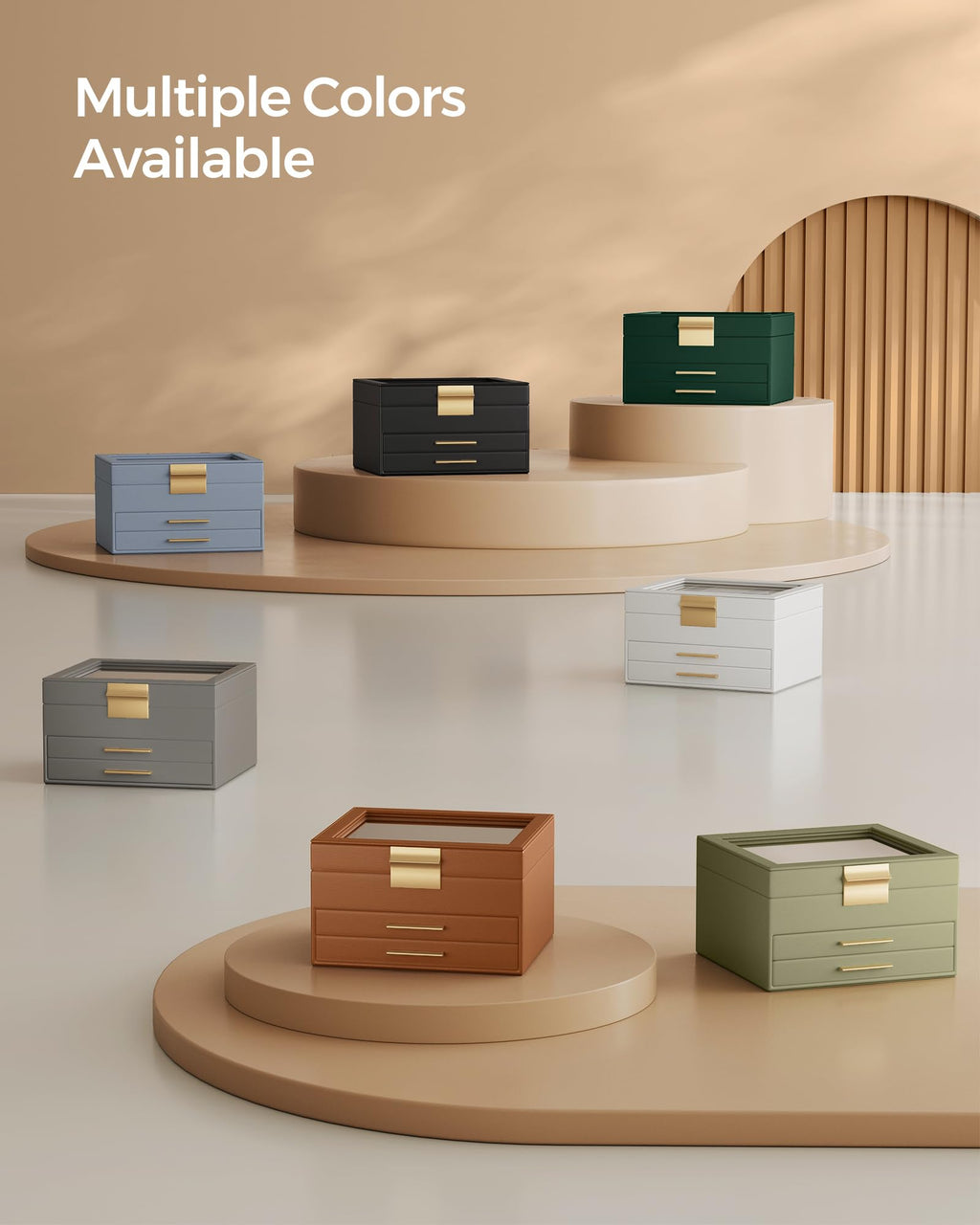 SONGMICS GISELLA Collection - Jewelry Box Organizer, 3-Layer Jewelry Storage with 2 Drawers, Shiny Metal Hardware, Glass Lid, Modern, 8 x 9.1 x 5.3 Inches, Cloud White and Gold Color UJBC239WT