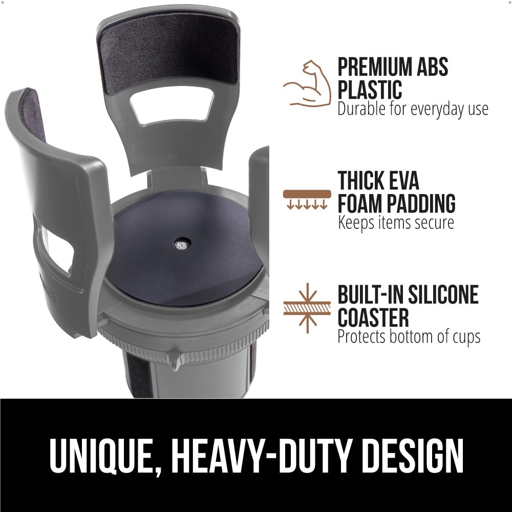 GORILLA GRIP Patent Pending Adjustable Car Cup Holder Expander, Keeps Water Bottle Secure, Expands to Fit 18 to 48 oz Large Bottles, Yeti, Owala, Stanley with Handle, Coffee Mug Insert for Cars, Black