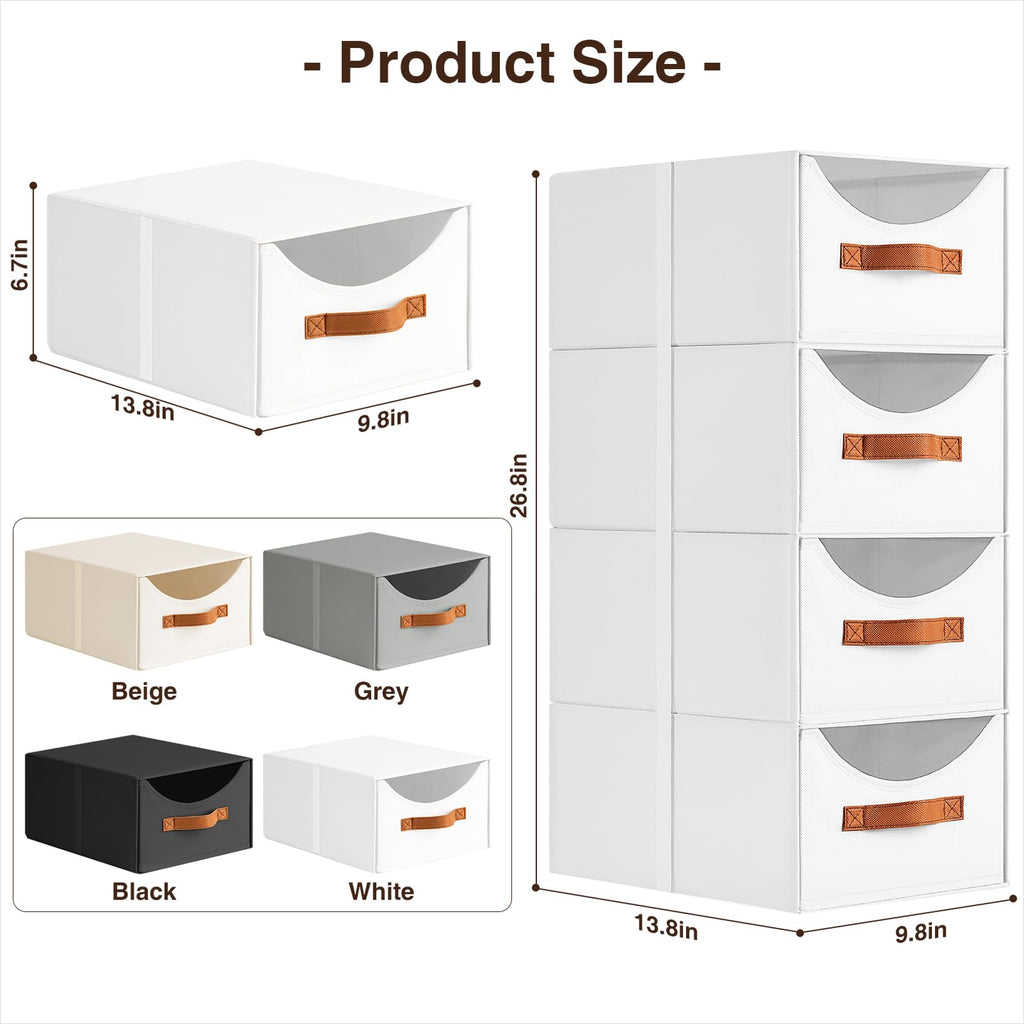 Homsorout Stackable Storage Drawers - Collapsible Storage Bins with Drawers, 4 Pack Closet Shelf Organizer Basket, Fabric Pull Out Organizer for Bedroom, Living Room, Dorm, Beige
