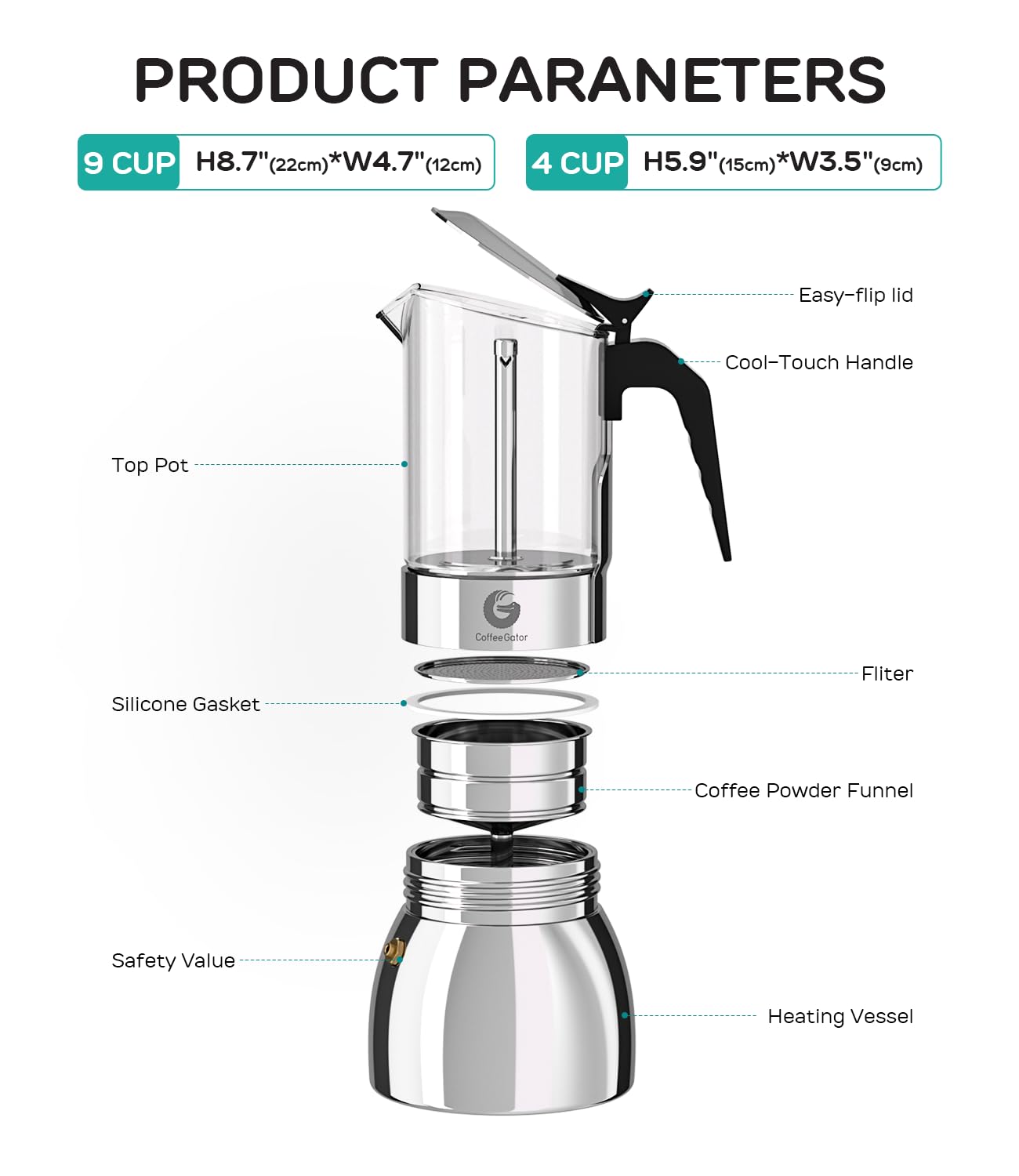 Coffee Gator Moka Pot - 6 Cup, 12oz Stovetop Espresso Maker - Classic Italian and Cuban Coffee Percolator w/ 2 Stainless-Steel Cups – Matte Grey Aluminum, 360ml