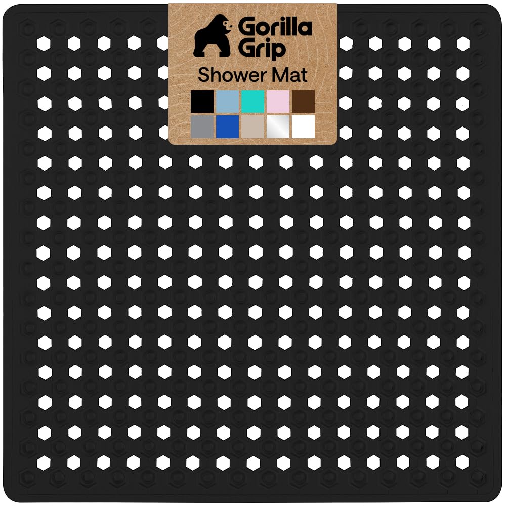 GORILLA GRIP Patented Bath Tub Shower Mat, Machine Washable Bathtub Floor Liner Mats, Suction Cups and Drain Holes to Keep Tubs Clean, Soft on Feet, Bathroom Essentials, 35x16 Inch, Clear